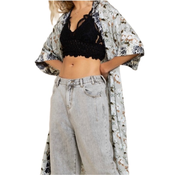 POL - Navy and Mint Green Mixed print Belted Kimono Duster - Picture 3 of 14
